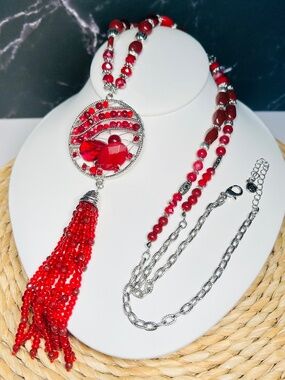 Cato Red Acrylic Beaded Tassel Statement Necklace